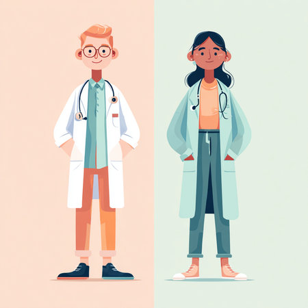 Male and female doctors cartoon characters. Vector illustration in a flat styleの素材