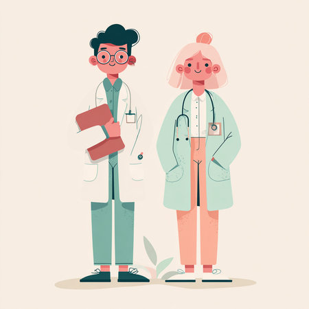Doctor and nurse cartoon character. Vector illustration in a flat style.の素材