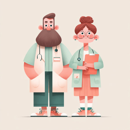 Doctor and patient in medical gowns. Vector illustration in cartoon styleの素材