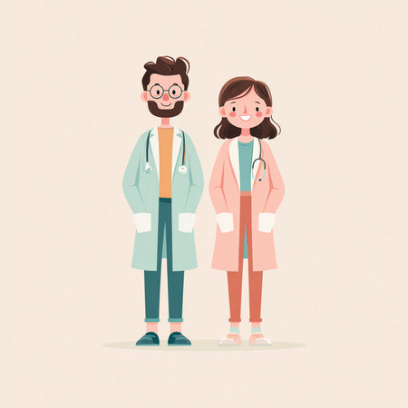 Male and female doctors on a light background. Vector illustration in cartoon style.の素材