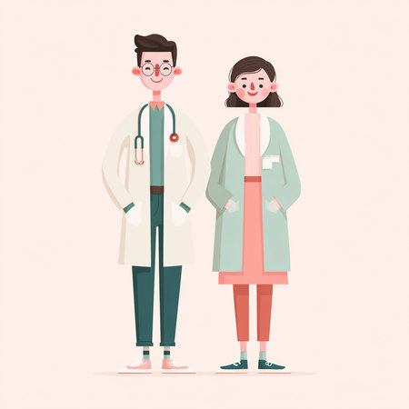 Vector illustration of a male and female doctors in uniform standing together.の素材