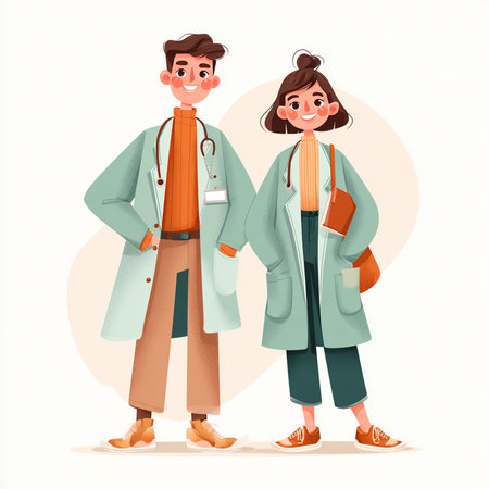 Vector illustration of a male and female doctors in coats. Cartoon style.の素材