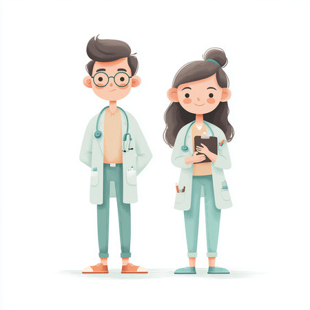 Vector illustration of a boy and a girl doctor with a tablet.の素材