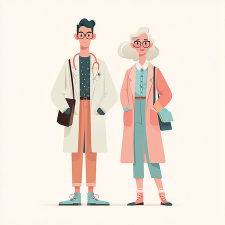 Male and female doctors standing together. Vector illustration in cartoon style.の素材