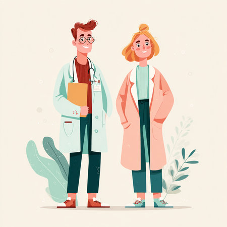 Male and female doctors. Cartoon characters in flat style. Vector illustration.の素材