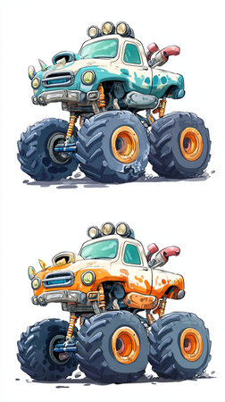 Cartoon monster trucks. Vector illustration of all terrain vehicle on white background.の素材