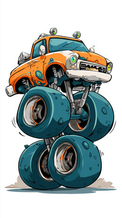 Cartoon monster truck on wheels. Vector illustration of a monster truck.の素材