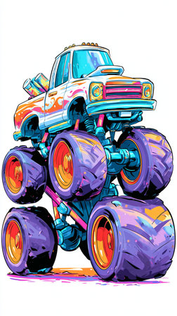 Cartoon monster truck with wheels. Vector illustration on white background.の素材