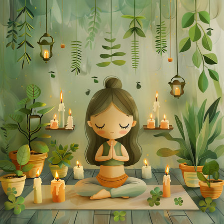 Girl practicing yoga in the room with candles and plants. Vector illustration.の素材