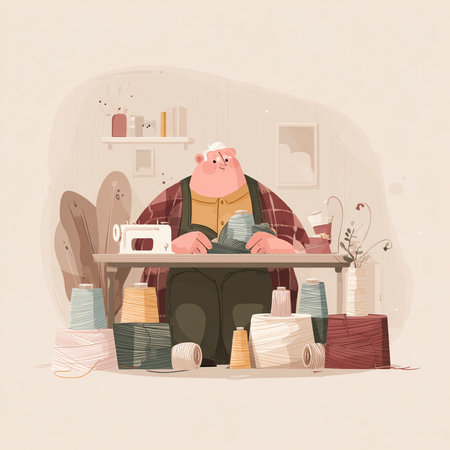 Fashion designer man working at the sewing machine. Vector illustration.の素材