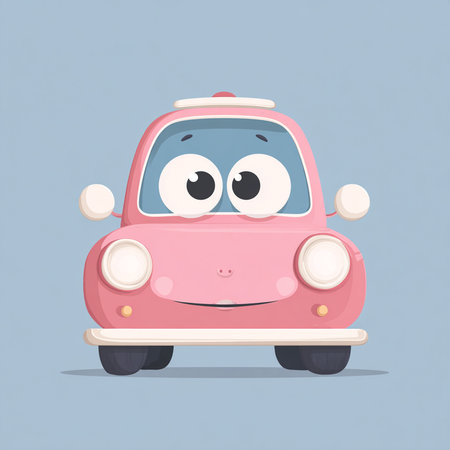 Cute cartoon car with eyes. Vector illustration isolated on blue background.の素材