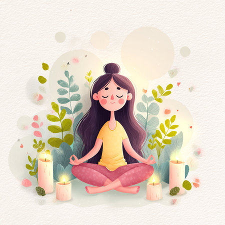 Beautiful girl meditating in lotus position with candles and flowers. Vector illustration.の素材