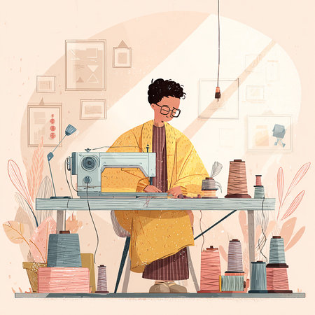 Vector illustration of fashion designer working with sewing machine in workshop. Flat style design.の素材