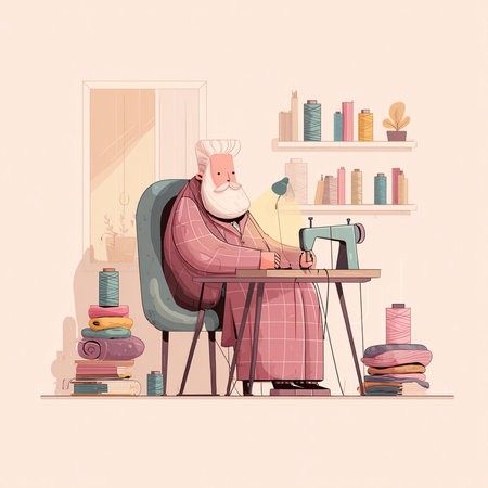 Old man sewing at home. Vector illustration in cartoon style. Hand drawn sketch.の素材