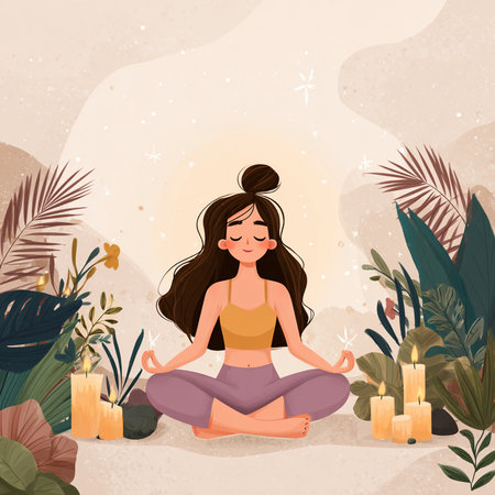 Girl meditating in lotus pose. Vector illustration. Cartoon style.の素材