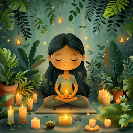 Illustration of a girl practicing yoga in the garden with candles.の素材