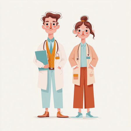 Male and female doctors standing together. Vector illustration in cartoon style.の素材
