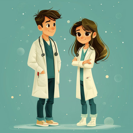 Vector illustration of a doctor and a girl in a medical gown.の素材
