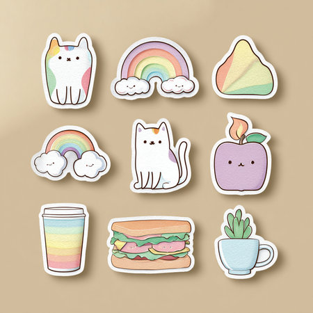 Set of cute stickers with funny cats and food. Vector illustration.の素材