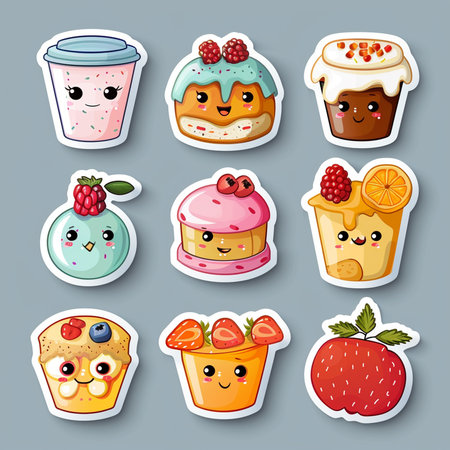 Cute cartoon cupcake stickers. Kawaii food vector illustration.の素材