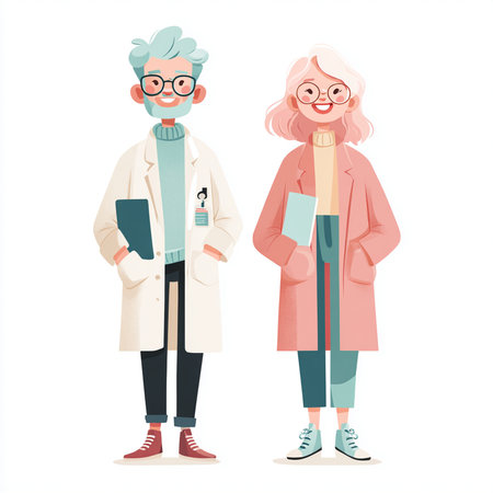 Senior woman and senior man in medical gowns and coats standing together. Vector illustration.の素材