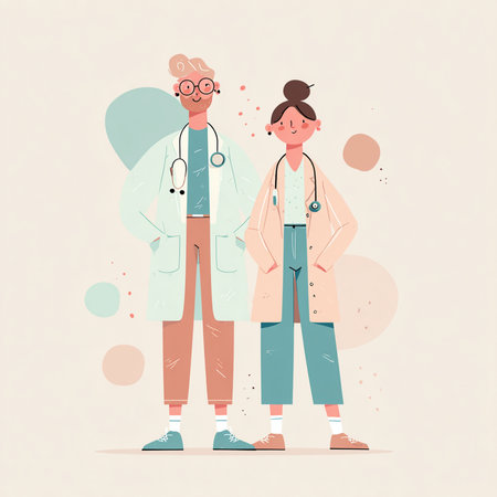 Male and female doctors standing together in flat style. Vector illustration.の素材