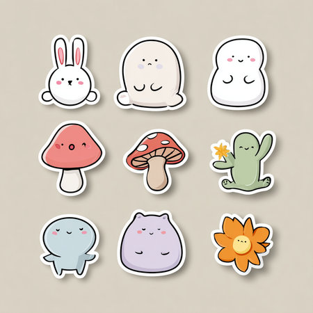 Set of cute stickers with funny animals and mushrooms. Vector illustration.の素材