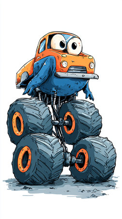 cartoon monster on the wheels of an off-road car.の素材