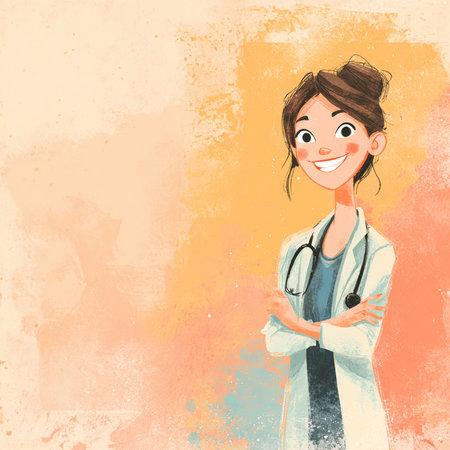 Smiling female doctor with stethoscope on grunge background. Vector illustration.の素材