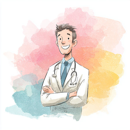 Smiling doctor with stethoscope on colorful watercolor background.の素材