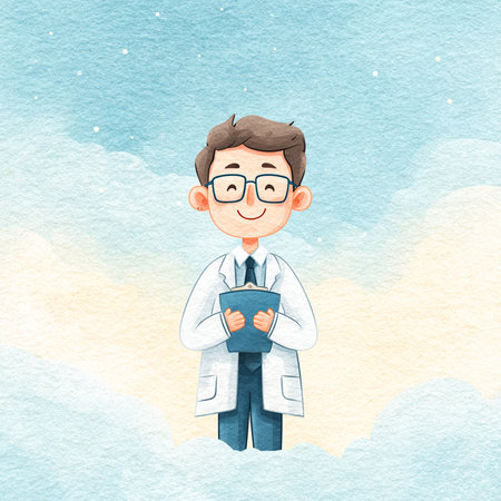Cute cartoon doctor with book on sky background. Vector illustration.の素材