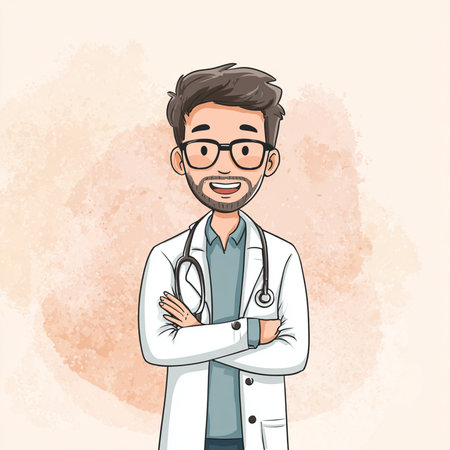 Male doctor with stethoscope and glasses. Vector illustration in cartoon style.の素材