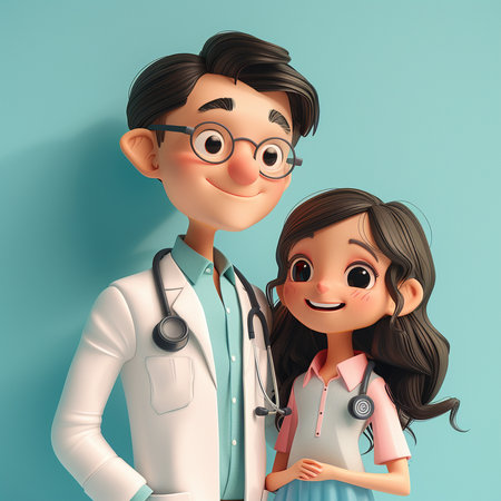 3d illustration of a male doctor and a little girl on blue backgroundの素材