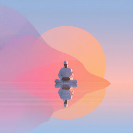 Silhouette of a man in yoga lotus position on a background of colorful gradient.の素材