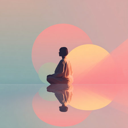 Silhouette of man meditating in lotus pose on colorful backgroundの素材