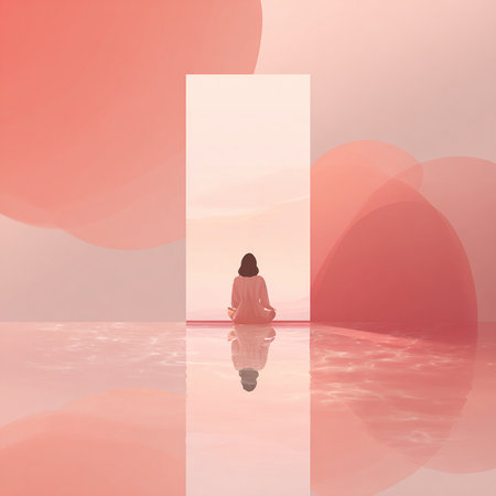 Woman meditating in lotus position on the seashore with closed doorの素材