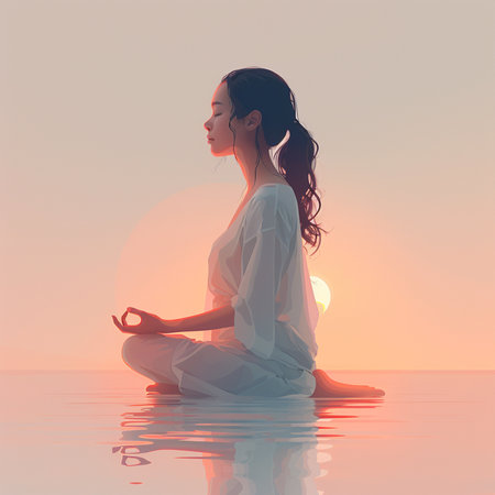 Woman meditating in the lotus position on the sea at sunsetの素材