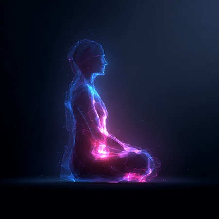 Pregnant woman in yoga pose with glowing lines on dark backgroundの素材