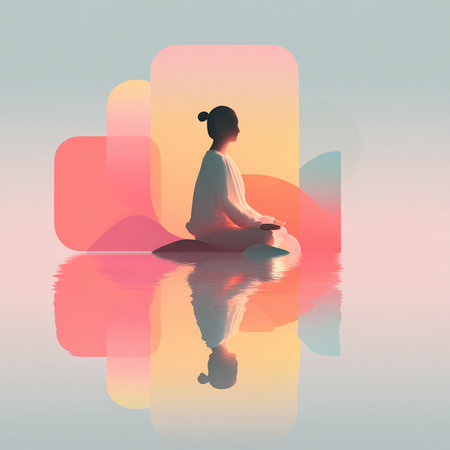 Woman meditating in lotus position. Colorful gradient background.の素材
