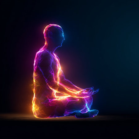Man meditating in lotus pose, glowing lines on dark backgroundの素材