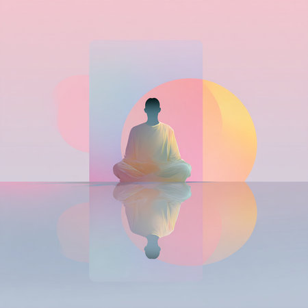 Silhouette of a man meditating in the lotus position with colorful backgroundの素材