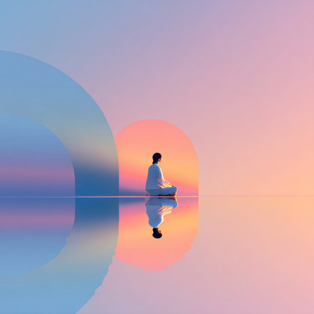 Man meditating in lotus pose at sunset with reflection in waterの素材