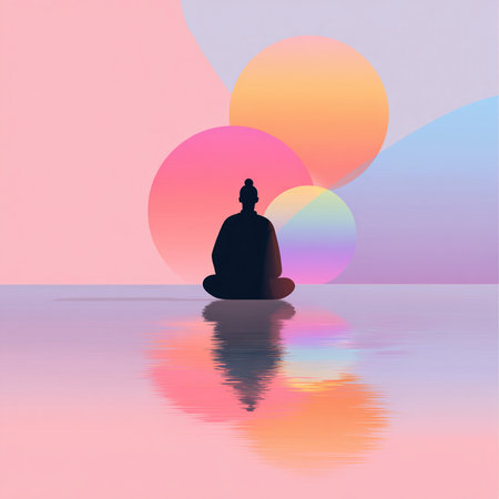 Silhouette of a buddha on a colorful background.の素材