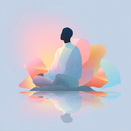 Man meditating in lotus position on colorful background. Vector illustration.の素材