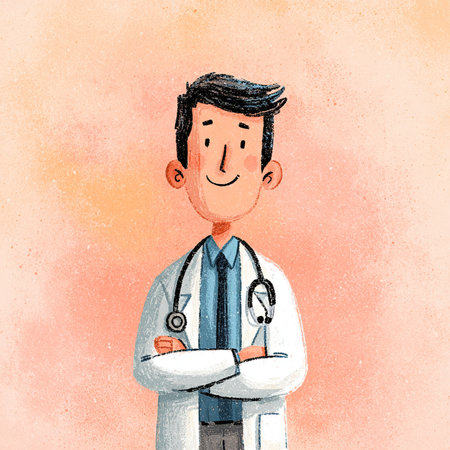 Cartoon doctor on color background. Hand drawn illustration of cartoon doctor.の素材