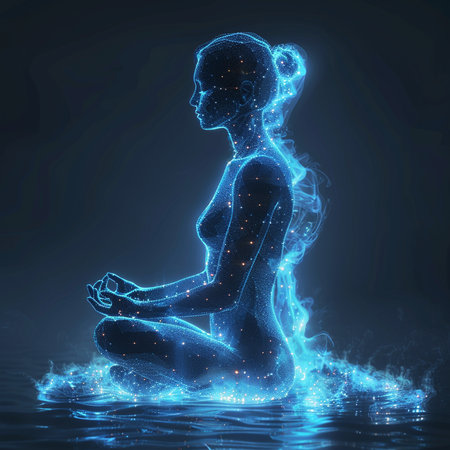 Naked woman meditating in lotus pose. 3D illustrationsの素材