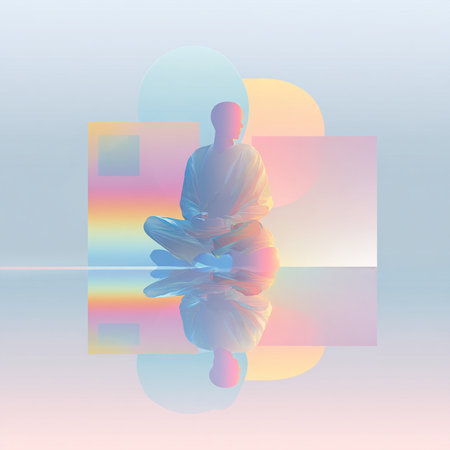 Man meditating in yoga lotus position on colorful background. Minimalism.の素材