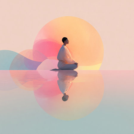 Man meditating in the lotus position on the water with colorful backgroundの素材