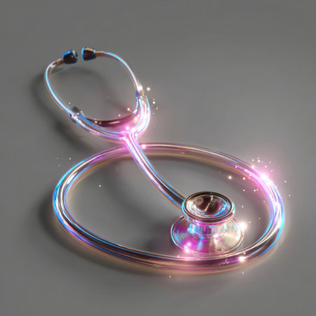 stethoscope on a gray background. 3D rendering. Neon lights.の素材