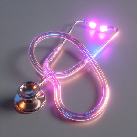 Stethoscope in neon light, 3d rendering. Computer digital drawing.の素材